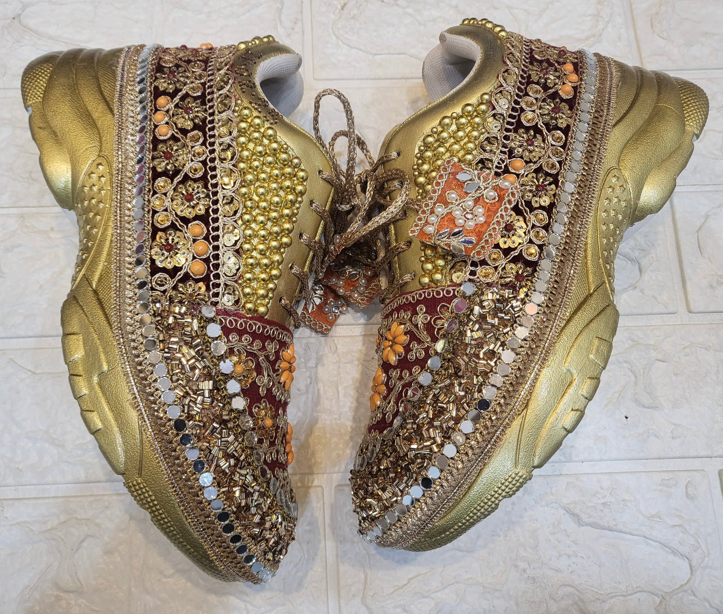 Funky N Trendy Maroon Gold Orange embroidery work bridal sneakers/ bridesmaid sneaker / golden sneakers/ Maroon sneakers / gold shoes/ orange sneakers