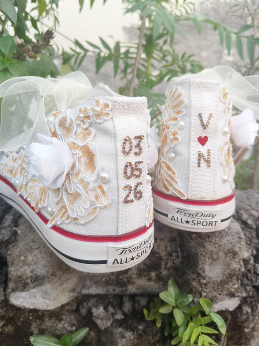 Customized Bridal Sneakers with Name initials / wedding date– Wedding Shoes for Bride/ white floral sneakers