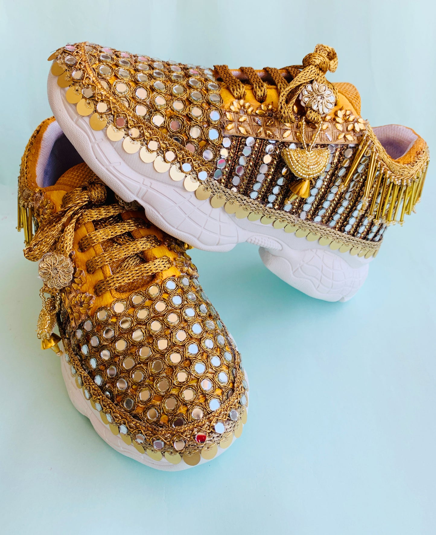 FUNKY N TRENDY gold mirror heeled sneakers for brides and bridesmaids