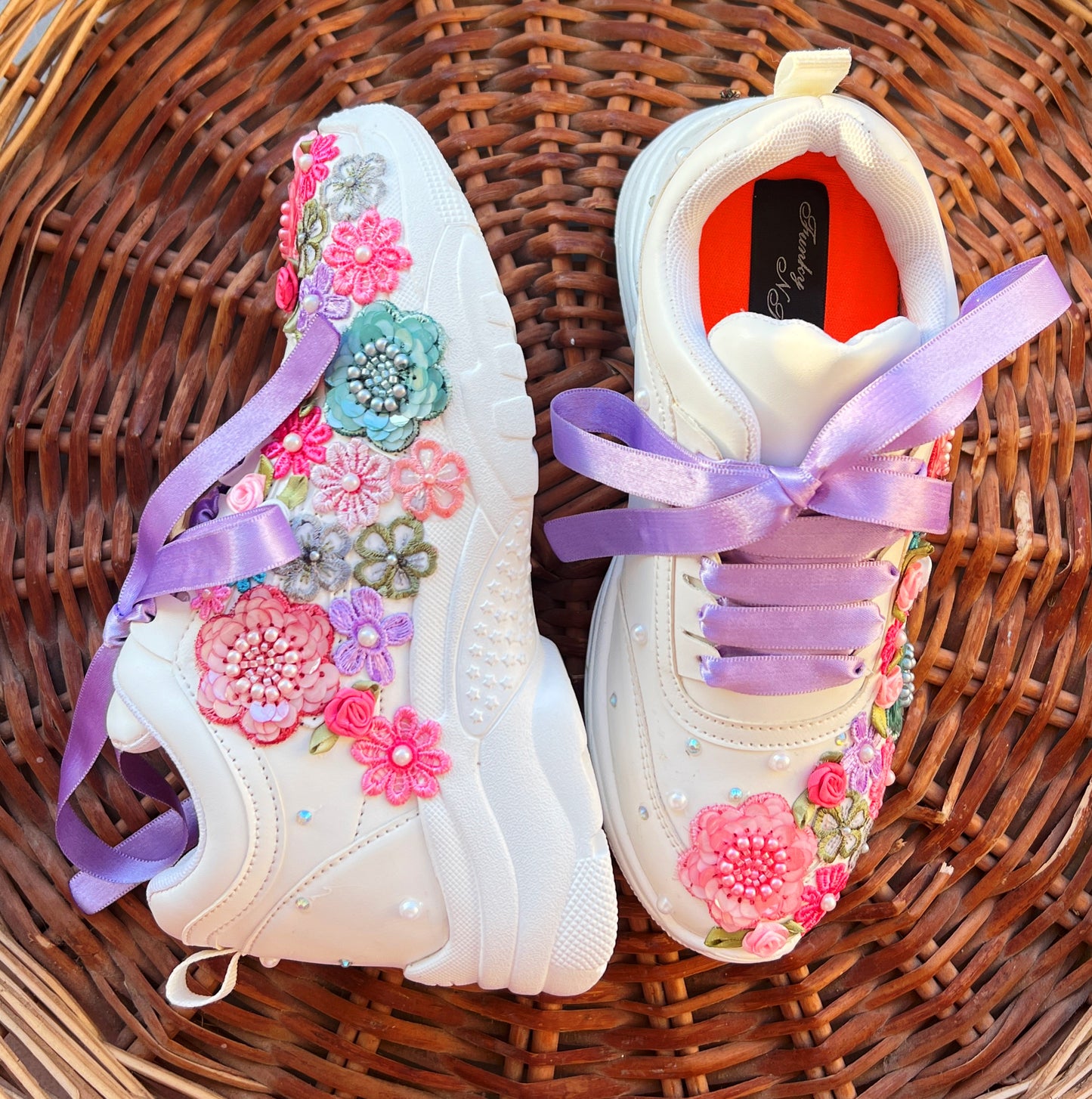 FUNKY N TRENDY hand embroidered floral work sneakers/ white sneakers /bridal shoes / bridal sneakers / floral sneakers/flower shoes /bridesmaid sneakers/ pink shoes / pink sneakers