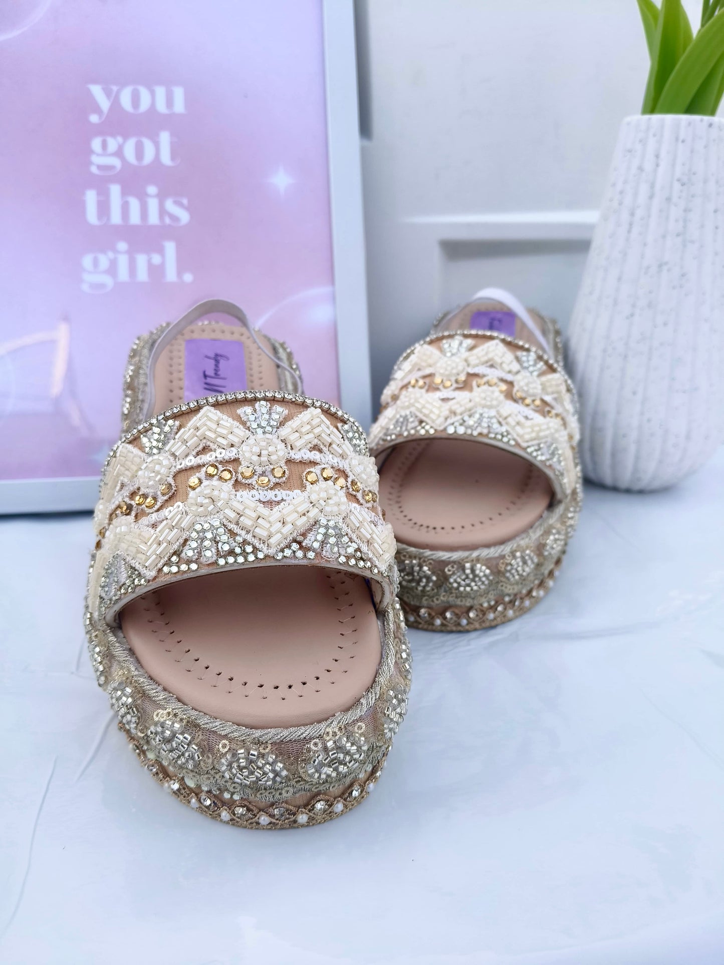 Handcrafted Bridal Embroidered Wedges - Beige / ivory