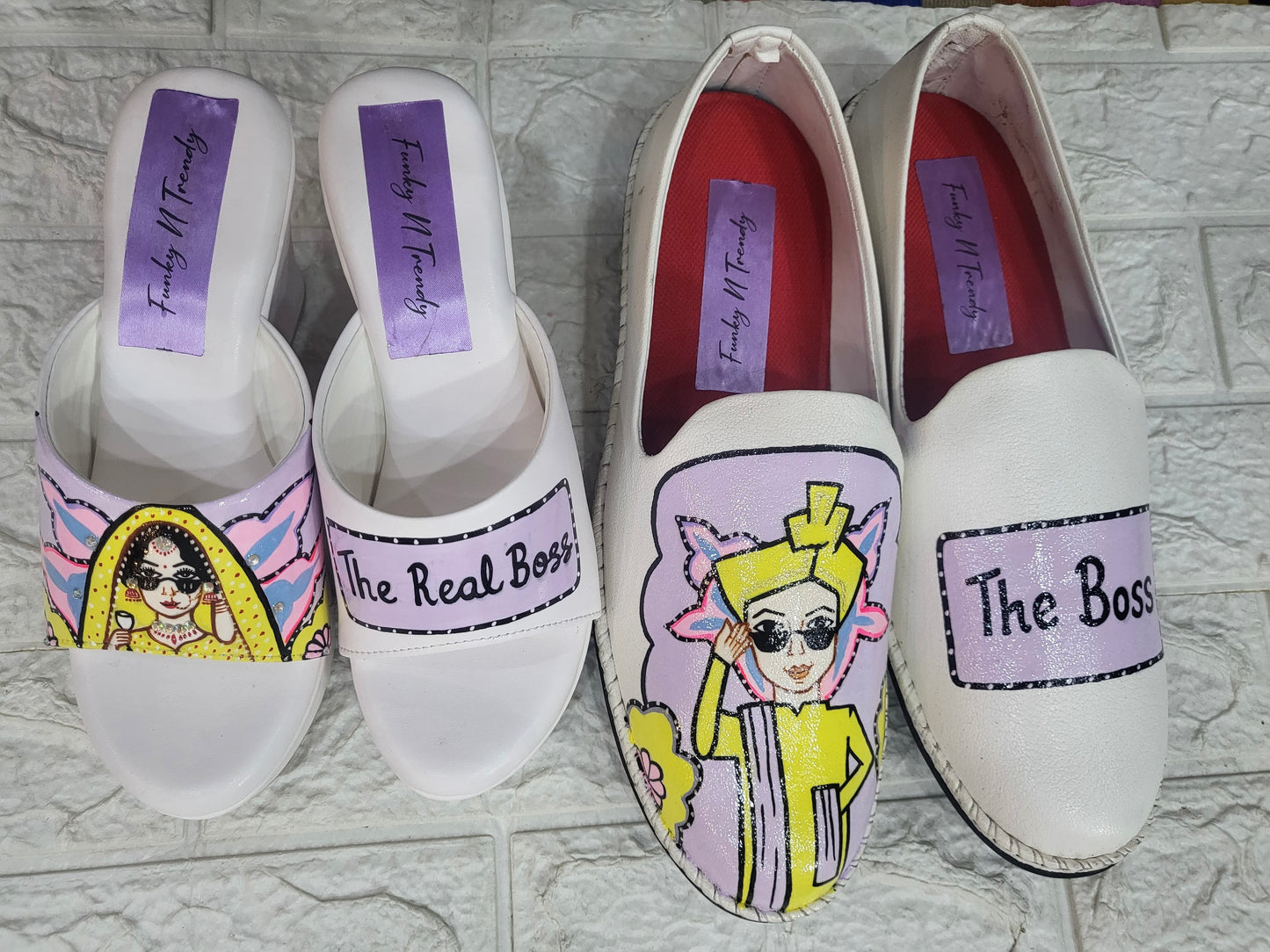Funky N Trendy Couple footwear/ bridal footwear / groom footwear/ quirky footwear / couple shoes/funky bridal combos / wedding footwear/ couple footwear for haldi mahendi sangeet/hand painted heels/ wedges / yellow shoes for haldi