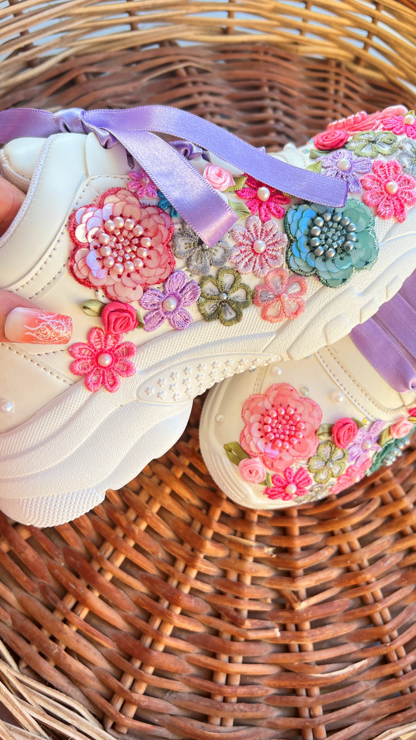 FUNKY N TRENDY hand embroidered floral work sneakers/ white sneakers /bridal shoes / bridal sneakers / floral sneakers/flower shoes /bridesmaid sneakers/ pink shoes / pink sneakers