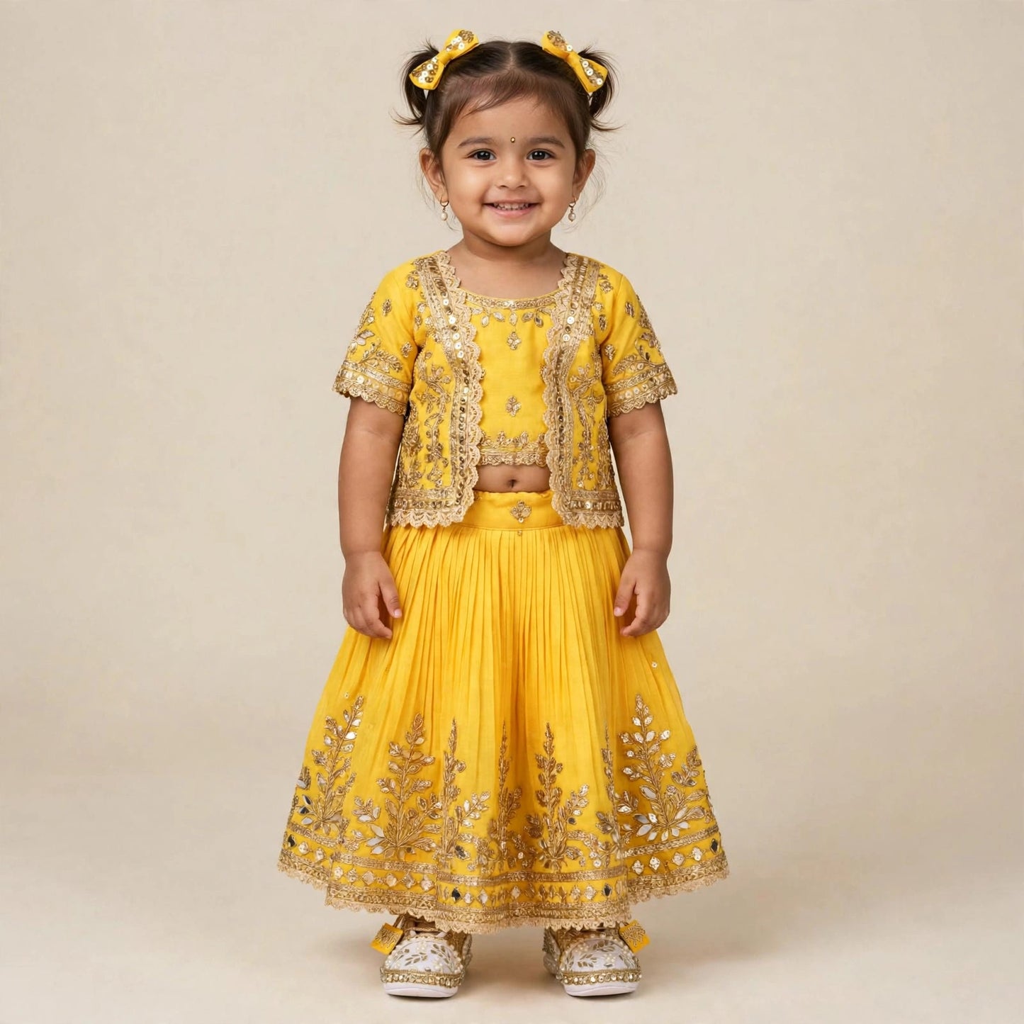 Aaira - Ivory & Gold Baby Girl Ethnic Sneakers | Pearl & Mirror Work First Birthday Shoes