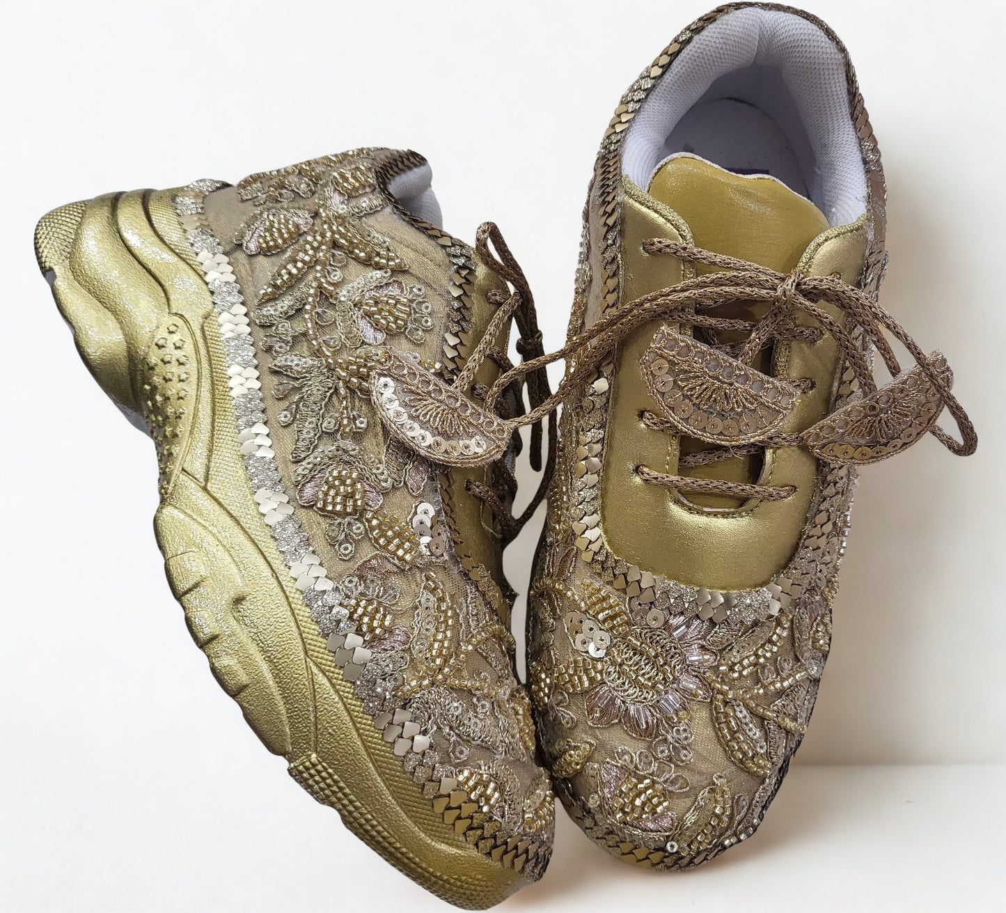 Funky N Trendy hand crafted golden bridal sneakers bridesmaid sneakers/ gold sneakers / golden sneakers / mirror sneakers/hand embroidered sneakers