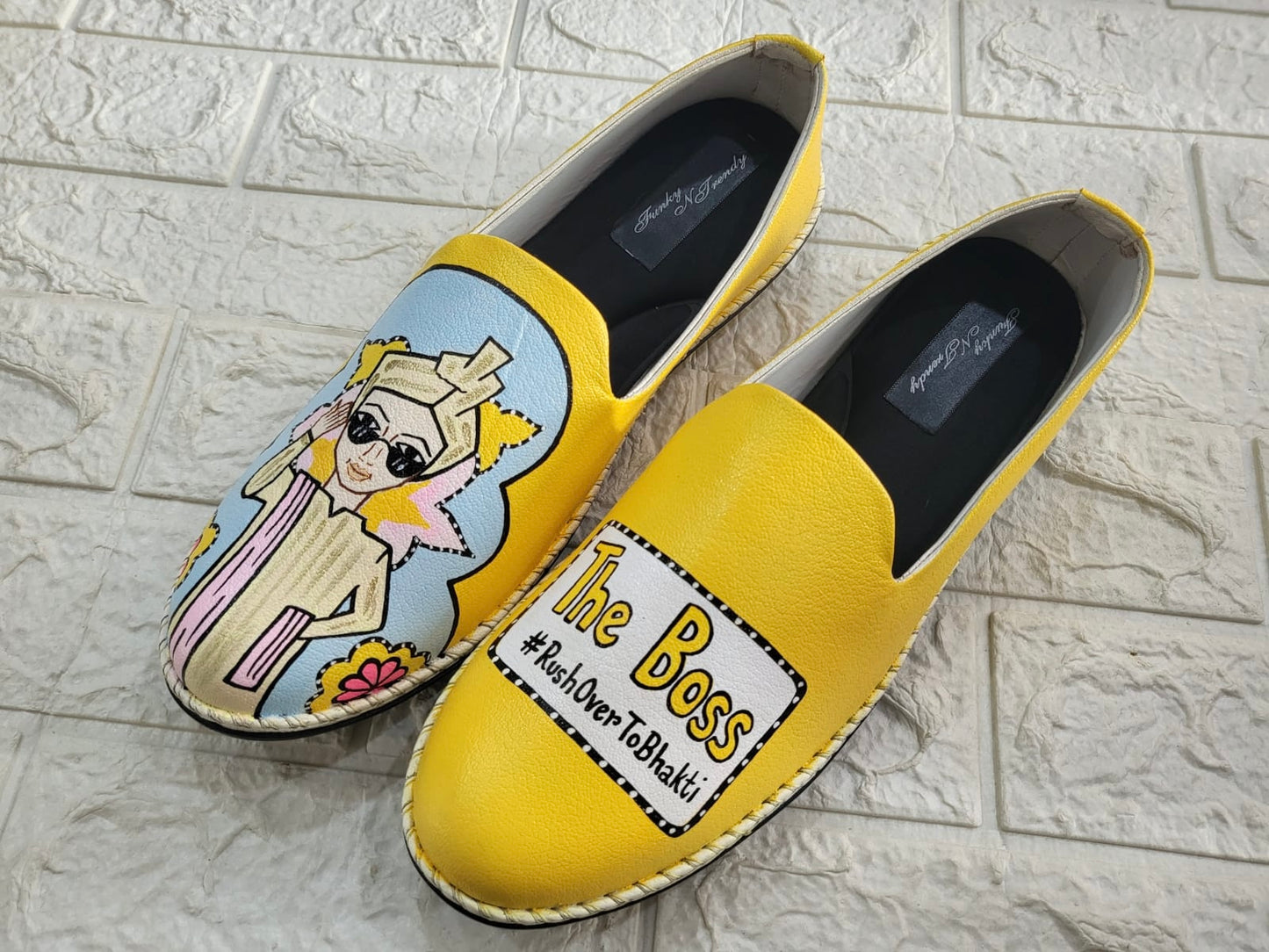 Funky N Trendy Couple footwear/ bridal footwear / groom footwear/ quirky footwear / couple shoes/funky bridal combos / wedding footwear/ couple footwear for haldi mahendi sangeet/hand painted heels/ wedges / yellow shoes for haldi