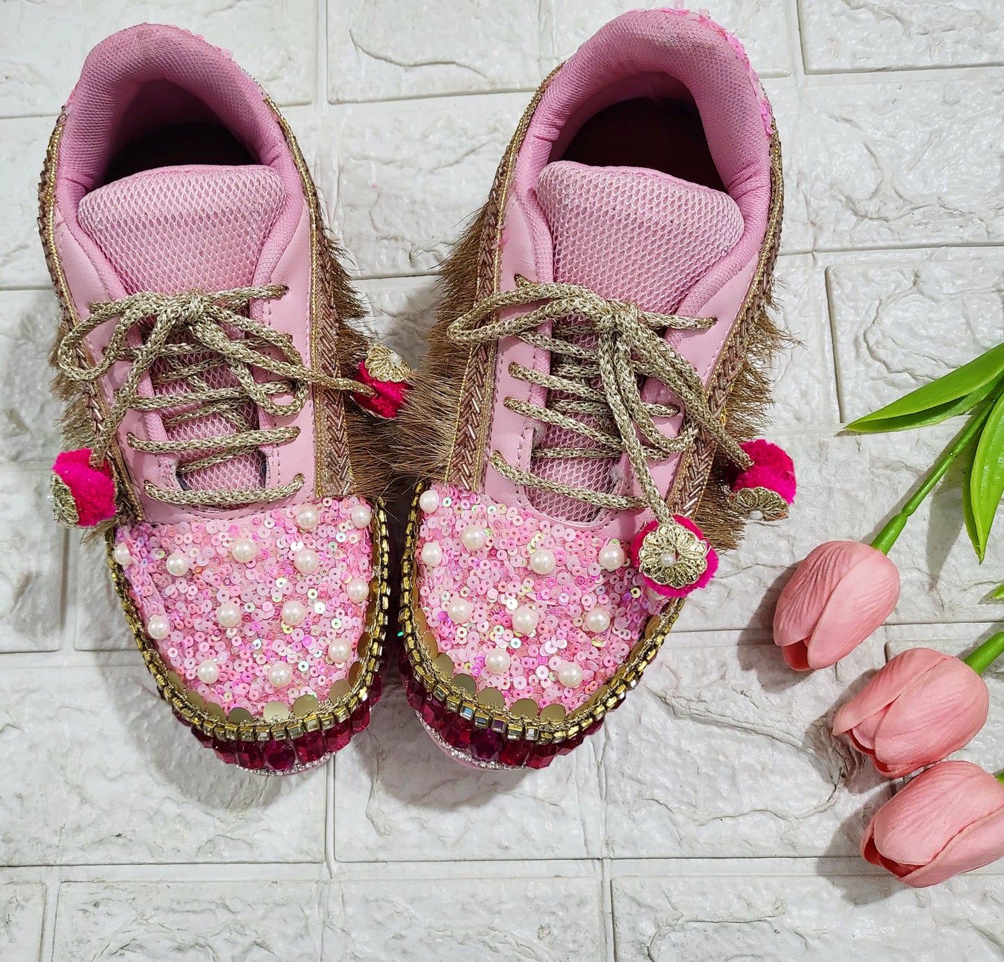 Funky N Trendy Hot pink sequine work with stone detailing bridal sneakers/ bridesmaid sneaker / golden sneakers/ hot pink sneakers / pink shoes for bride/ rani pink sneakers