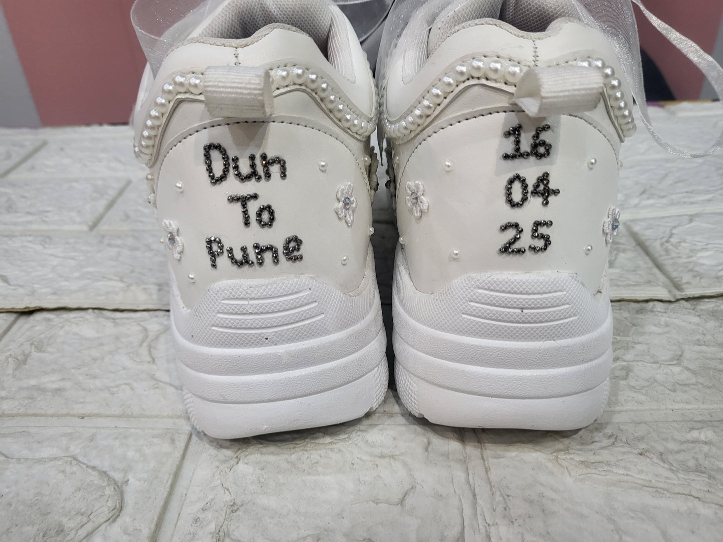 Funky N Trendy White Pearl Blossom Bridal Sneakers – Elegant & Customisable