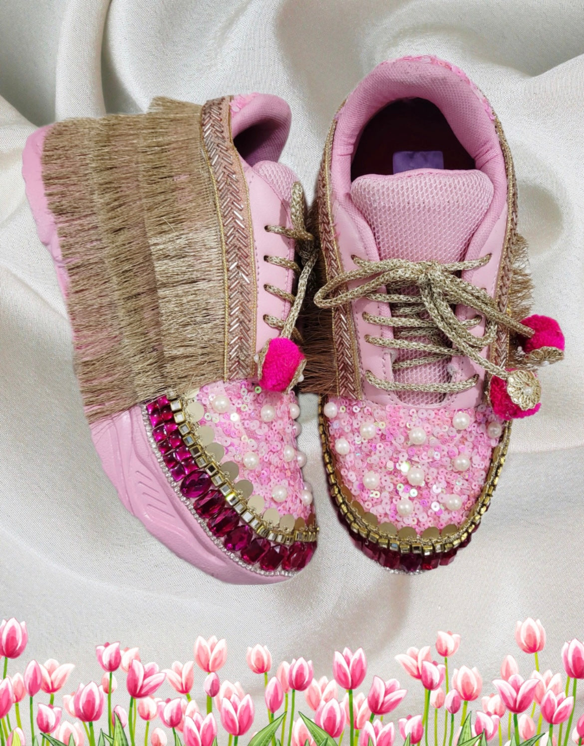 Funky N Trendy Hot pink sequine work with stone detailing bridal sneakers/ bridesmaid sneaker / golden sneakers/ hot pink sneakers / pink shoes for bride/ rani pink sneakers
