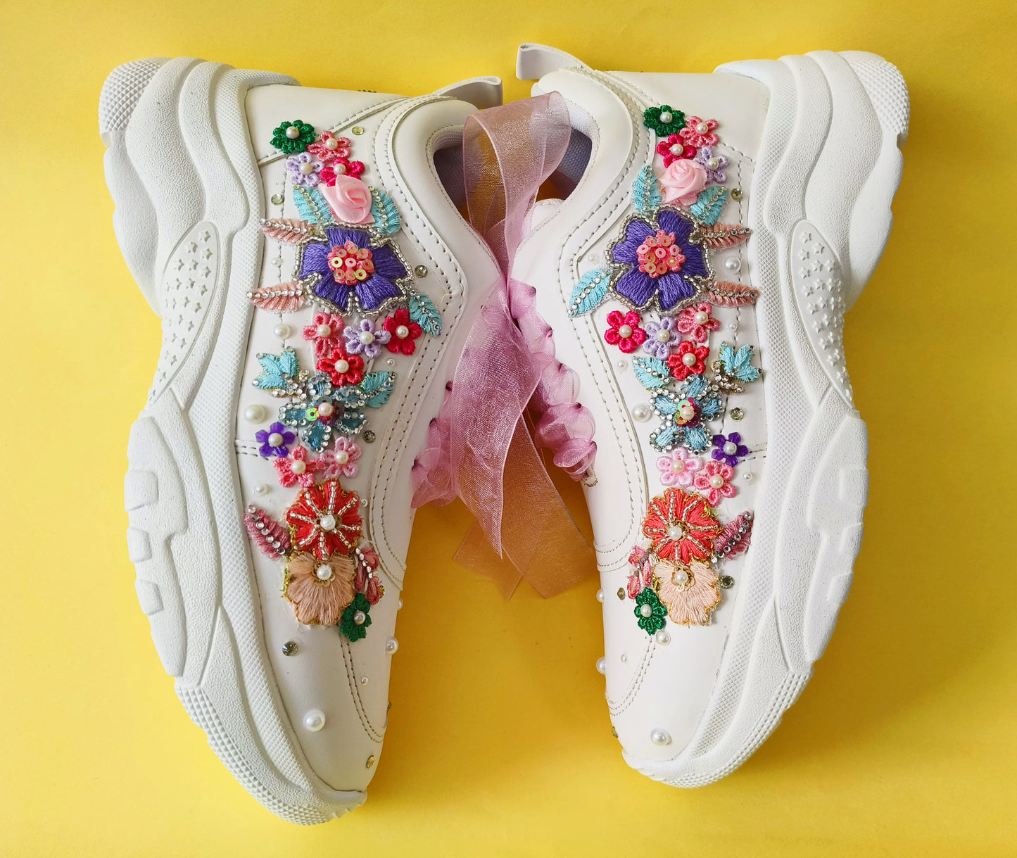 FUNKY N TRENDY “Pastel Garden Handcrafted Sneakers – Floral Magic” with customized wedding date / name initials