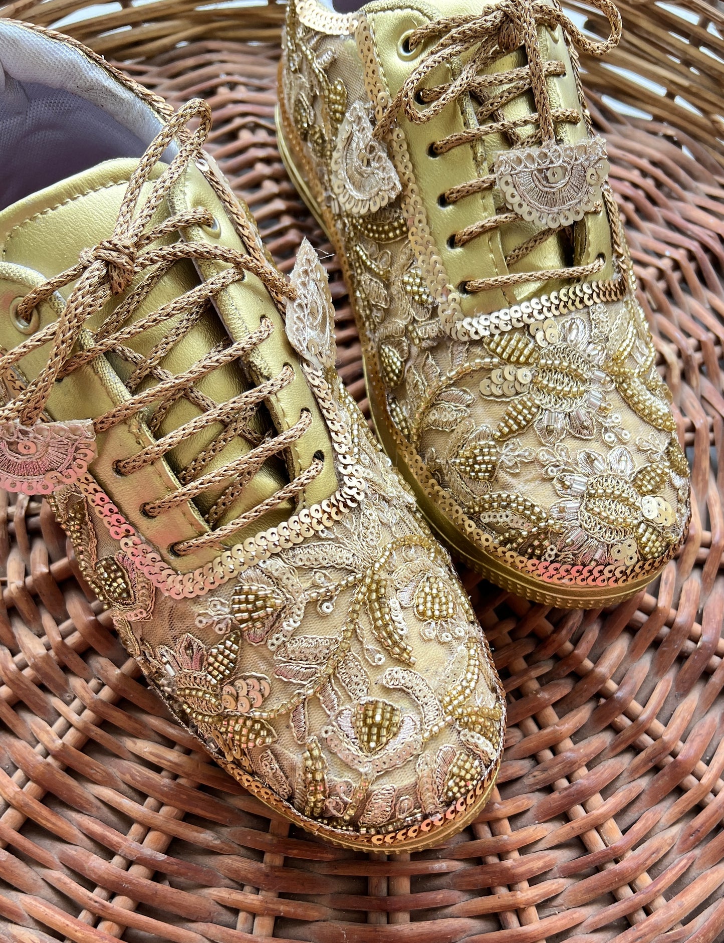 Funky N Trendy Handcrafted Golden Bridal Sneakers – Custom cutdana Embroidery for Brides & Bridesmaids