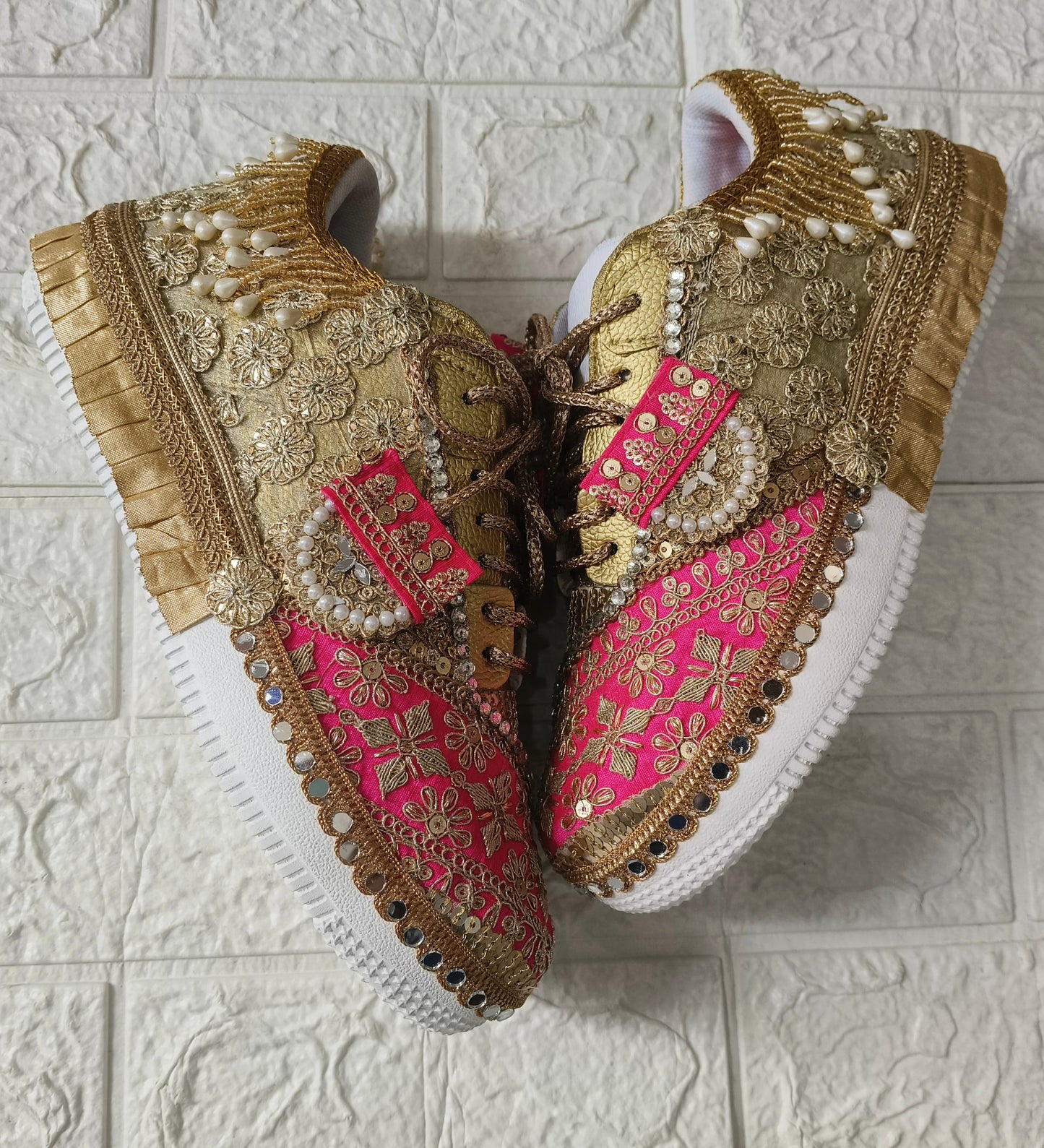 FUNKY N TRENDY hot pink sneakers with rhinestone detailing for brides /bridesmaids / sneakers for bridesmaids/ handcrafted sneakers/ sequine sneakers / bridal sneakers / bridesmaid sneakers/ pink sneakers / gold shoes/ rani pink sneakers