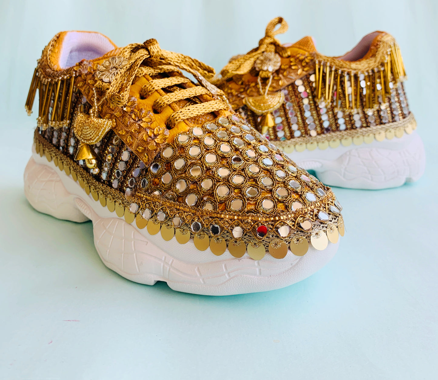 FUNKY N TRENDY gold mirror heeled sneakers for brides and bridesmaids