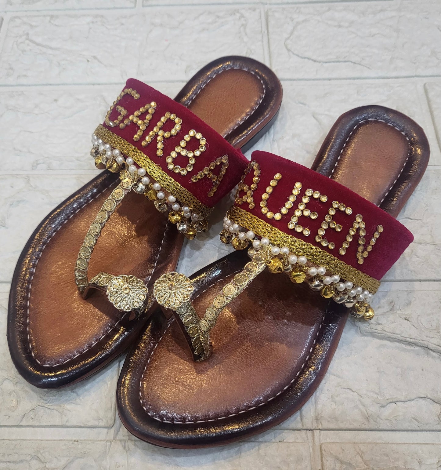 FUNKY N TRENDY hand crafted Garba/ Dandiya theme rani kolhapuri for women / handcrafted flats / quirky flats/ Garba Queen kolhpauri / customised flats / pink flats / haldi theme kolhapuri