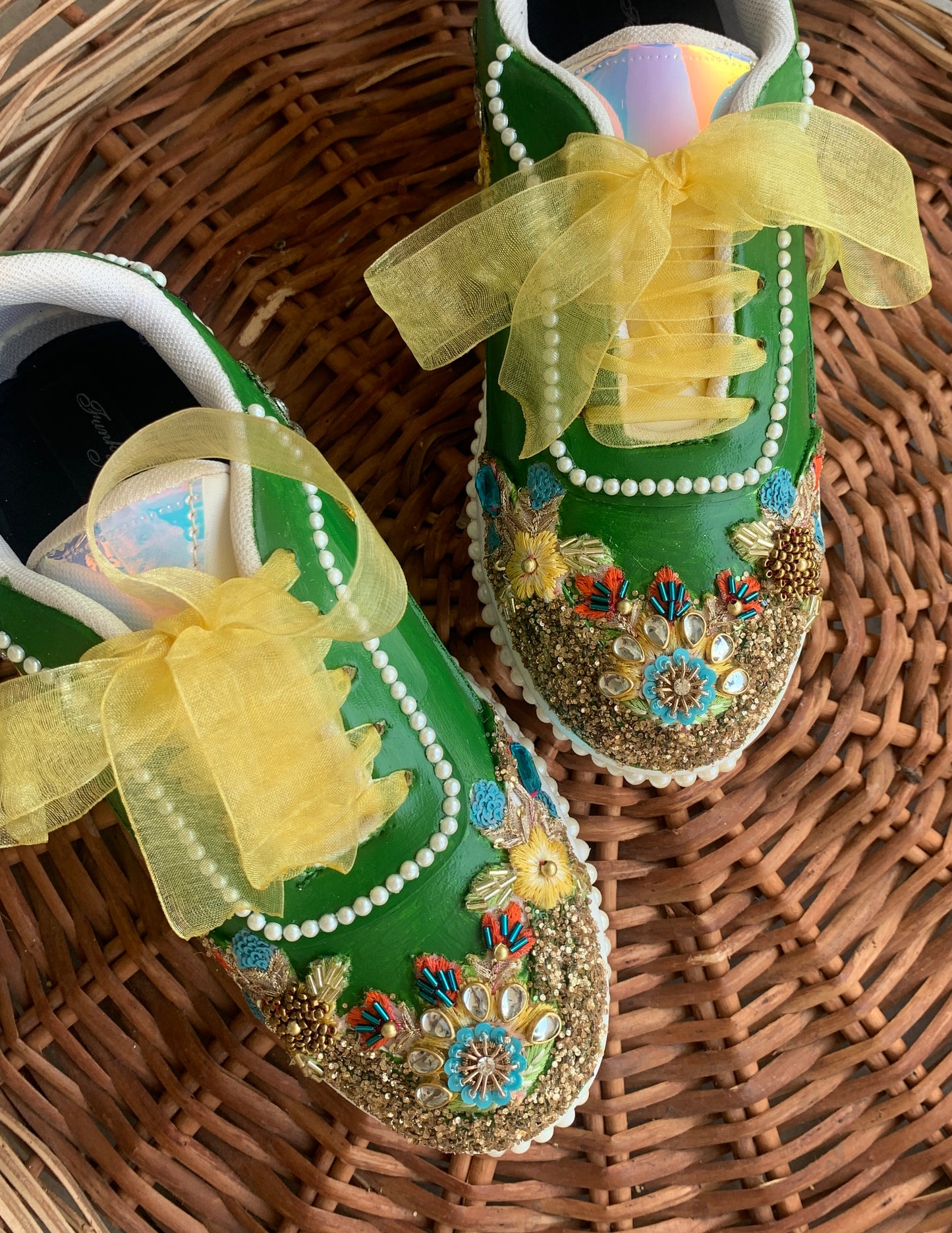 FUNKY N TRENDY green sneakers for brides /gold and green embroidered sneakers/ handcrafted sneakers/ golden sneakers / bridal sneakers / bridesmaid sneakers/ golden hand work sneakers/green sneakers