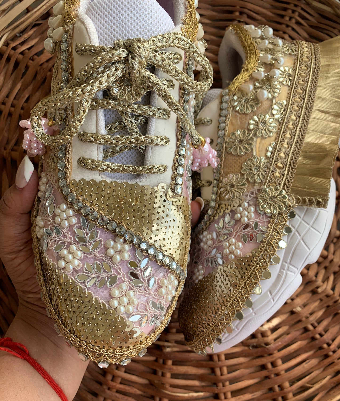 FUNKY N TRENDY pink and gold gottapatti sneakers with pearl & mirror detailing for brides /bridesmaids / sneakers for bridesmaids/ handcrafted sneakers/ sequine sneakers / bridal sneakers / bridesmaid sneakers/ pink sneakers