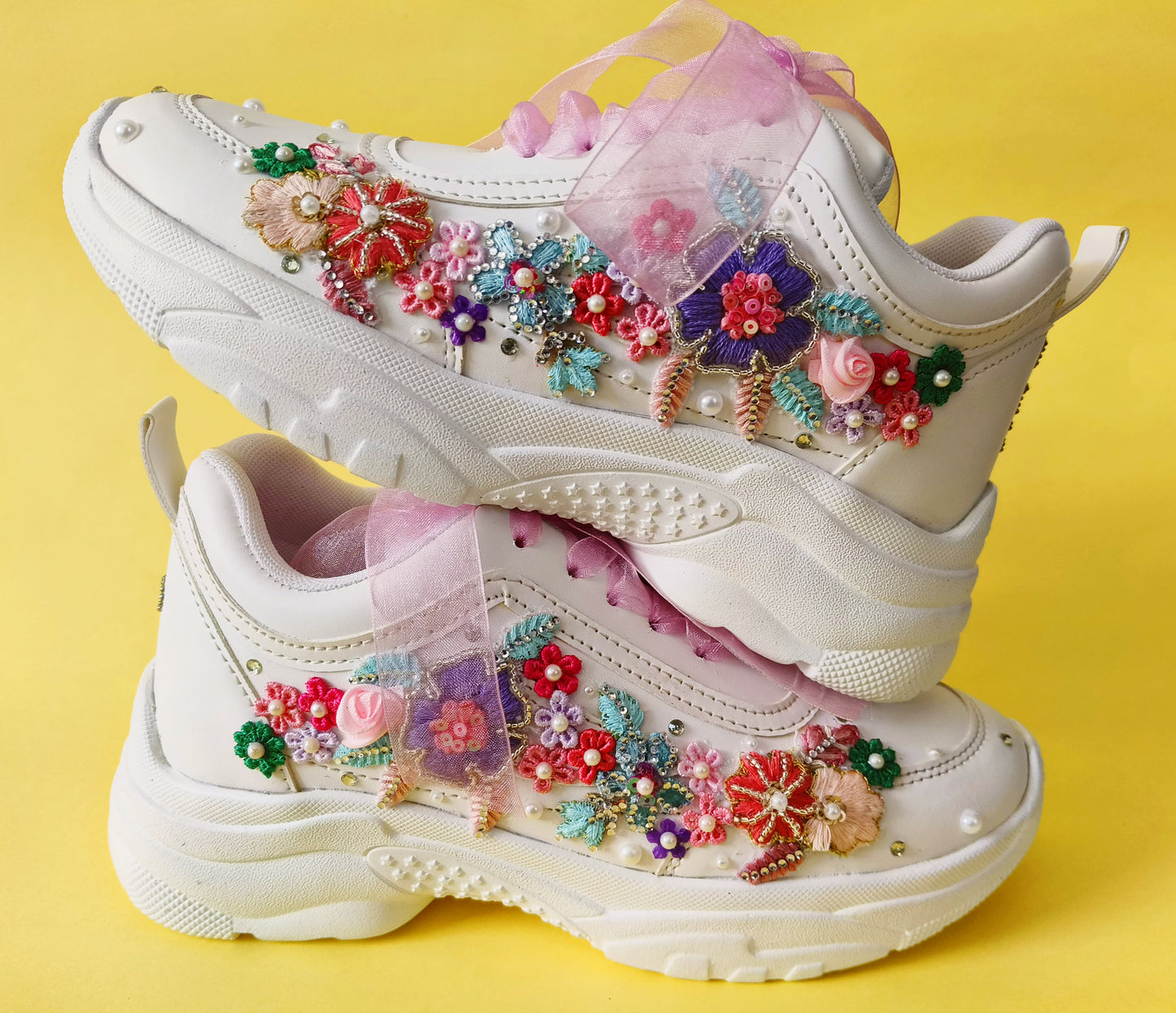 FUNKY N TRENDY “Pastel Garden Handcrafted Sneakers – Floral Magic” with customized wedding date / name initials