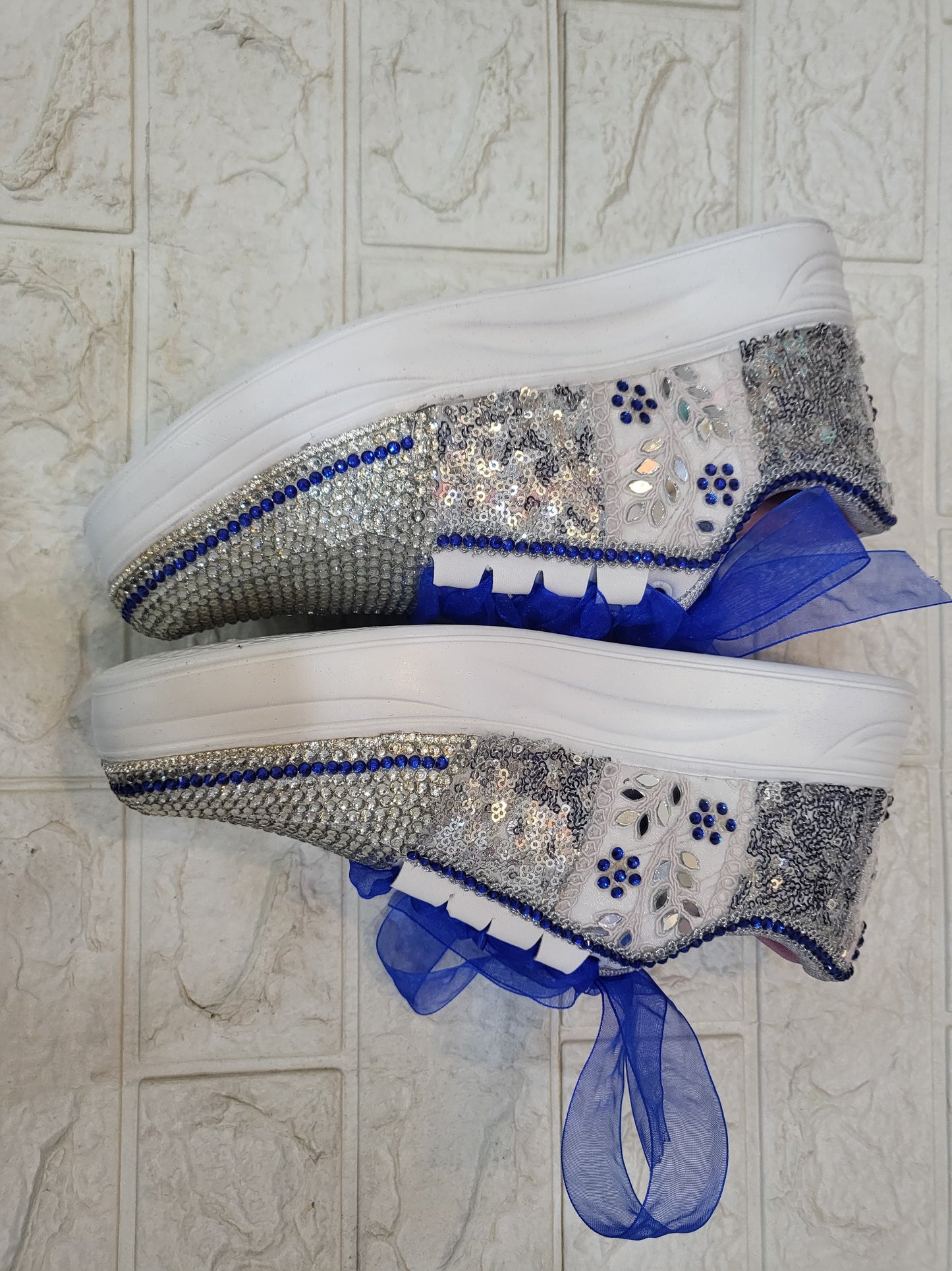 FUNKY N TRENDY rhinestone work bridal sneakers / bridesmaid sneakers/ silver sneakers / silver shoes/ rhinestone sneakers mirror shoes/ bride shoes/ embroidered shoes/ silver and blue sneakers