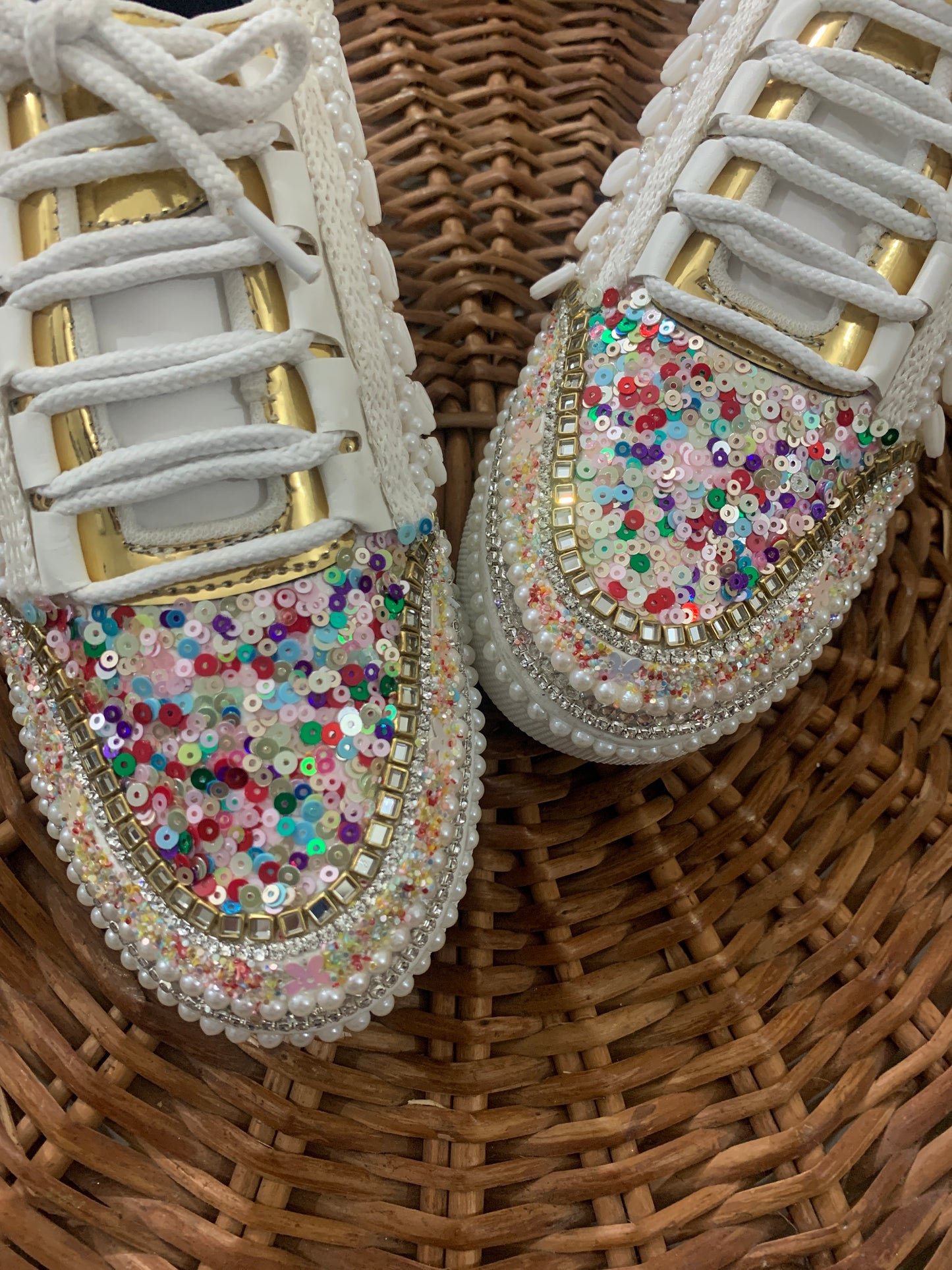 FUNKY N TRENDY ivory sneakers with multi colored detailing for brides /bridesmaids / sneakers for bridesmaids/ handcrafted sneakers/ sequine sneakers / bridal sneakers / bridesmaid sneakers/ ivory sneakers / shell shoes