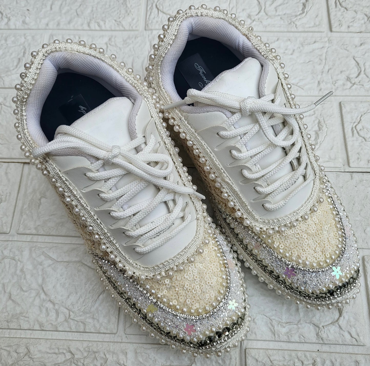 Funky N Trendy ivory / off white embroidery work bridal sneakers/ bridesmaid sneaker / hancrafted sneakers / gold sneakers / golden sneakers/ white sneakers / white shoes