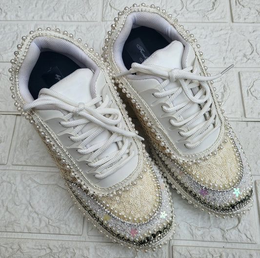 Funky N Trendy ivory / off white embroidery work bridal sneakers/ bridesmaid sneaker / hancrafted sneakers / gold sneakers / golden sneakers/ white sneakers / white shoes