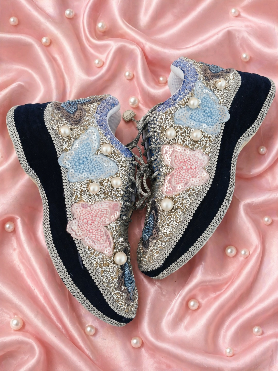 Butterfly Pearl Bridal Sneakers for Bride | Handcrafted Wedding Shoes India | blue sneakers