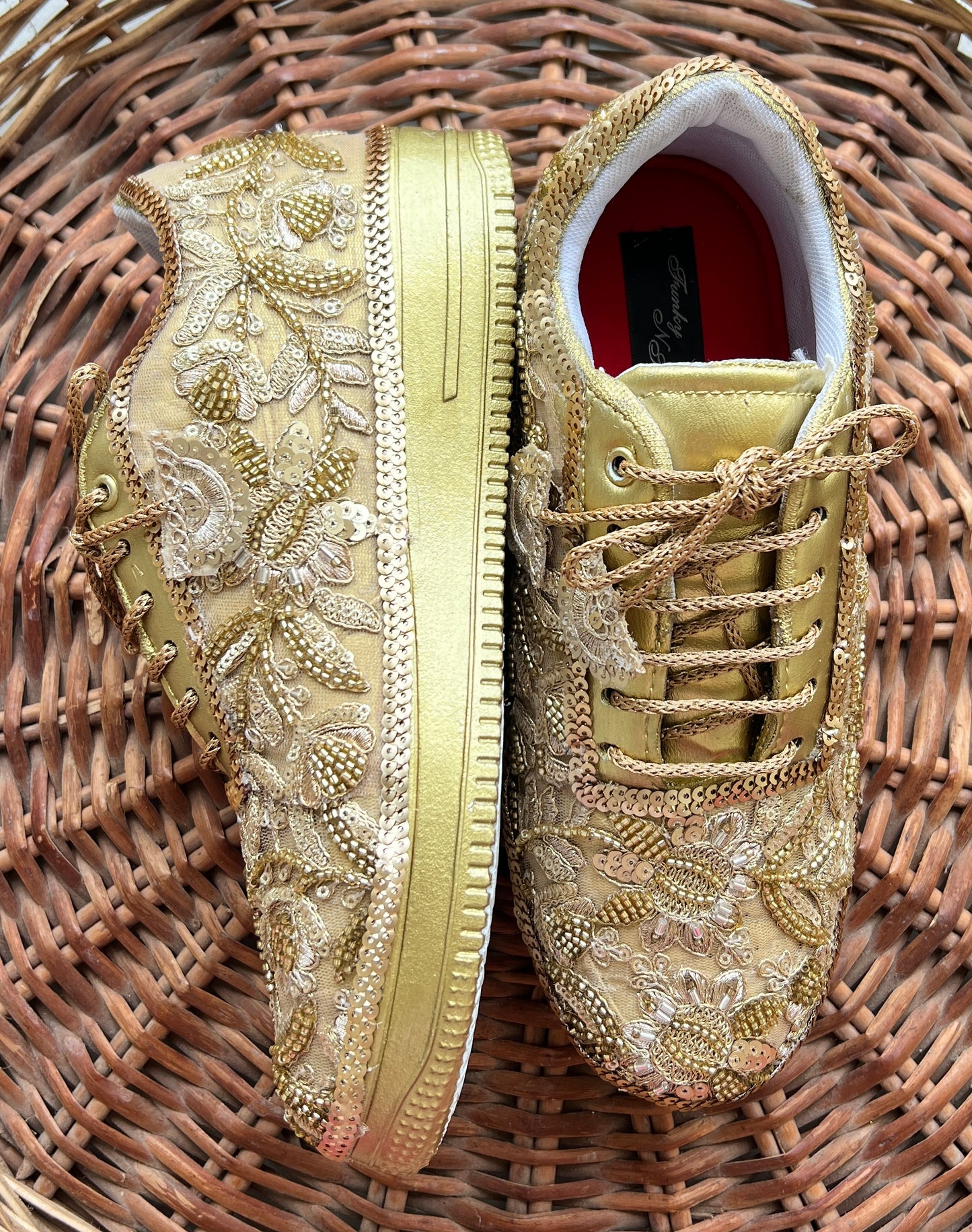 Funky N Trendy Handcrafted Golden Bridal Sneakers – Custom cutdana Embroidery for Brides & Bridesmaids