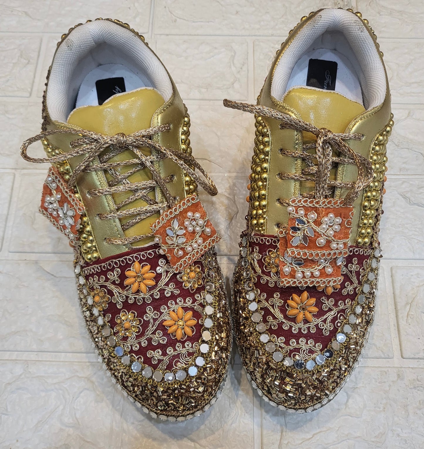 Funky N Trendy Maroon Gold Orange embroidery work bridal sneakers/ bridesmaid sneaker / golden sneakers/ Maroon sneakers / gold shoes/ orange sneakers