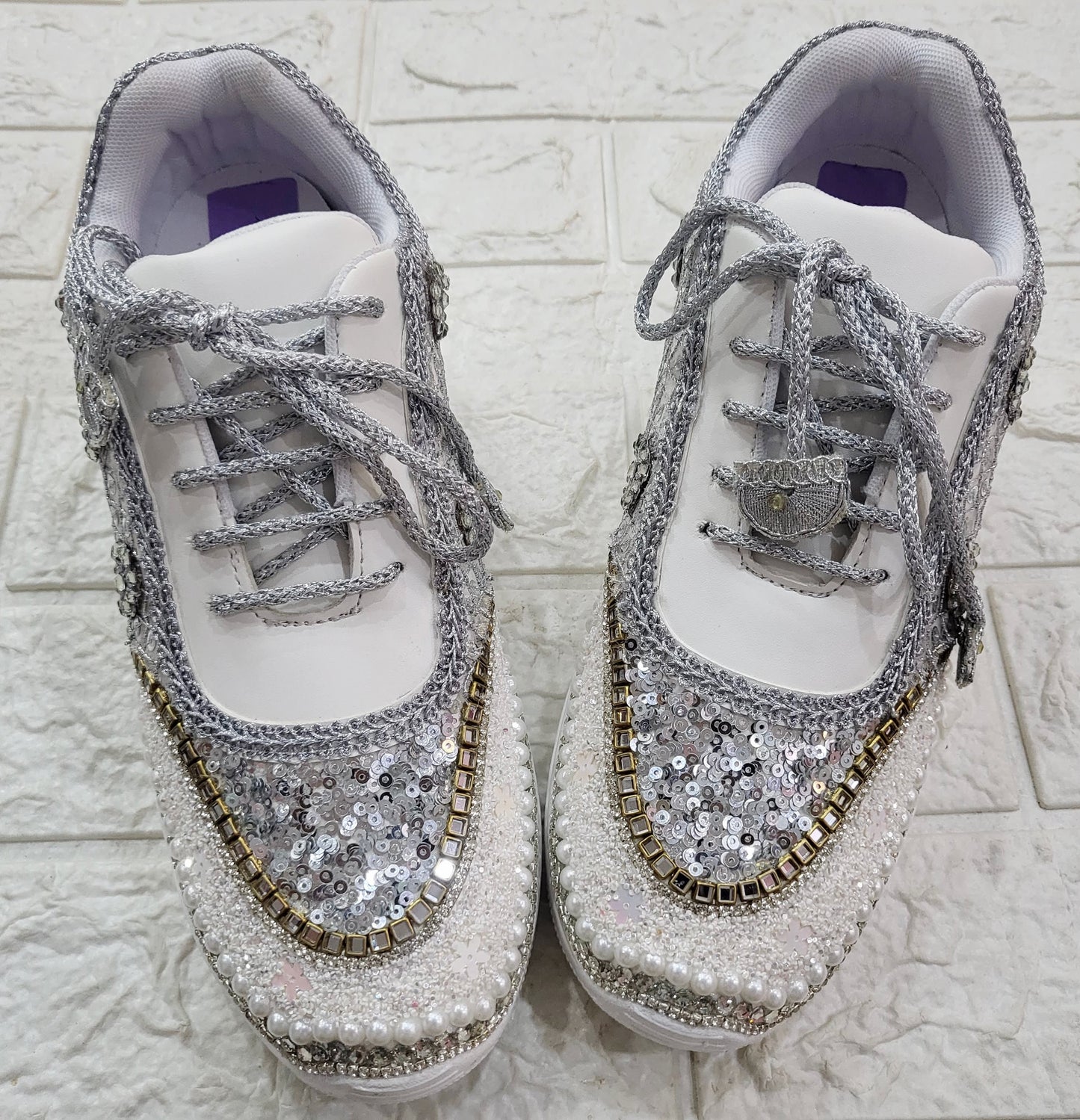 FUNKY N TRENDY hand work bridal sneakers / bridesmaid sneakers/ silver sneakers / silver shoes/mirror sneakers mirror shoes/ bride shoes/ embroidered shoes