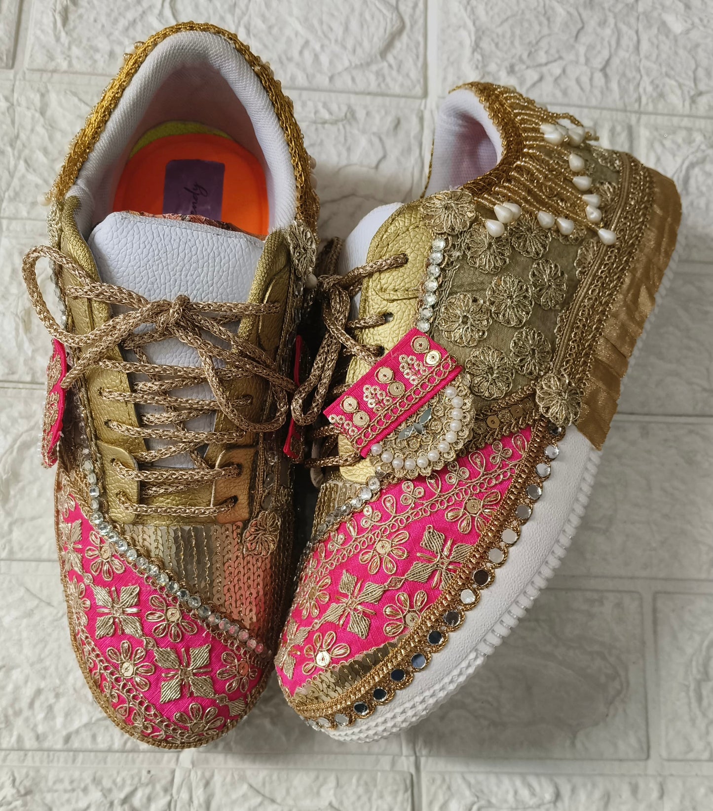 FUNKY N TRENDY hot pink sneakers with rhinestone detailing for brides /bridesmaids / sneakers for bridesmaids/ handcrafted sneakers/ sequine sneakers / bridal sneakers / bridesmaid sneakers/ pink sneakers / gold shoes/ rani pink sneakers