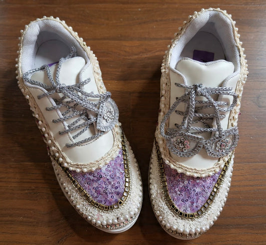 Funky N Trendy ivory and purple embroidery work bridal sneakers/ bridesmaid sneaker / lavender sneakers/ lilac sneakers / sequine work sneakers/ purple shoes/ silver sneakers