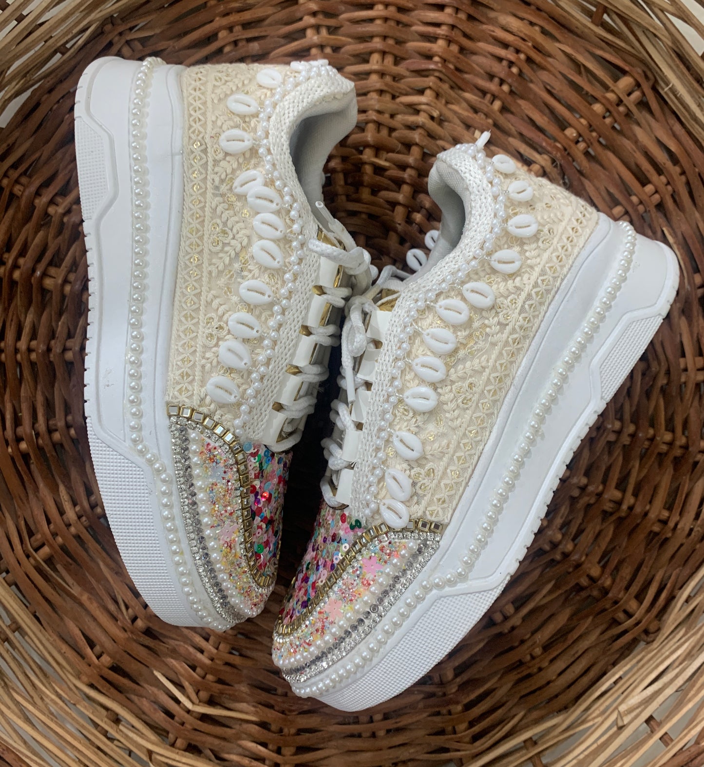 FUNKY N TRENDY ivory sneakers with multi colored detailing for brides /bridesmaids / sneakers for bridesmaids/ handcrafted sneakers/ sequine sneakers / bridal sneakers / bridesmaid sneakers/ ivory sneakers / shell shoes