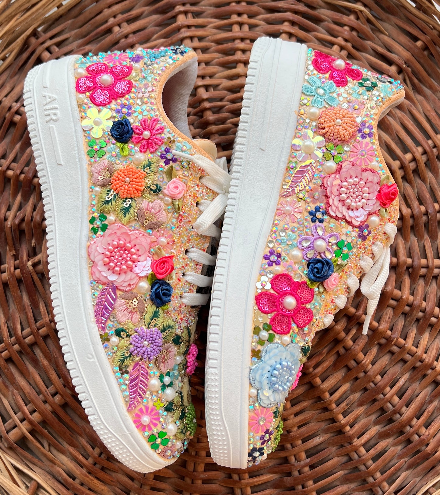 FUNKY N TRENDY fully hand crafted floral work with beads rhinestones cutdana etc /bridal sneakers / bridesmaid sneakers/ floral sneakers /colorful sneakers /bridal shoes / haldi mahendi shoes