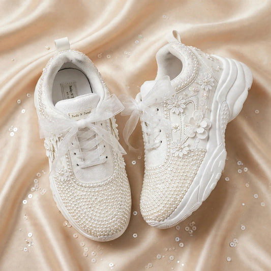 PEARL BLOOM - White Pearl Bridal Sneakers with 3D Floral Appliqué & Organza Ribbon Bows | Luxury Wedding Sneakers for Bride