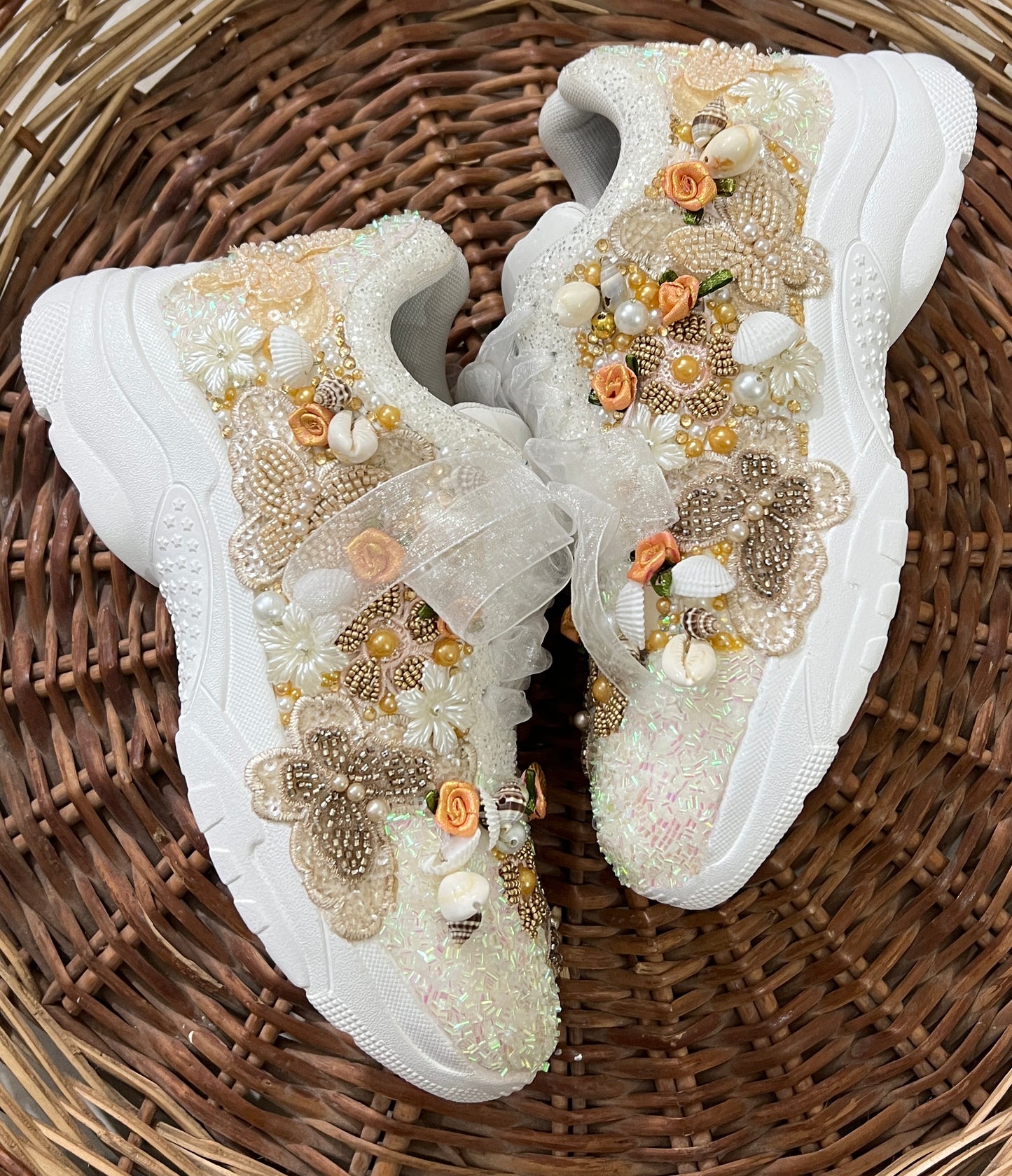 FUNKY N TRENDY gold butterfly embroidery sneakers for brides /gold embroidered sneakers/ handcrafted sneakers/ butterfly sneakers / bridal sneakers / bridesmaid sneakers/ gold and white hand work sneakers
