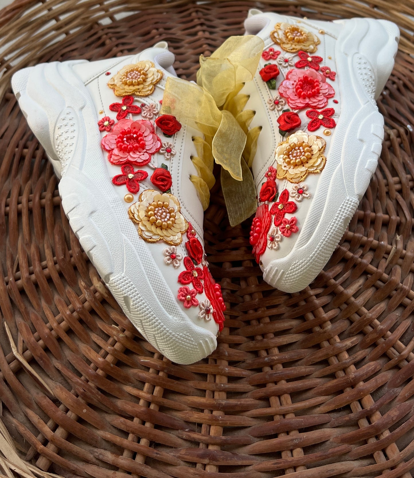 FUNKY N TRENDY red and gold floral theme bridal sneakers / bridesmaid sneakers/floral sneakers