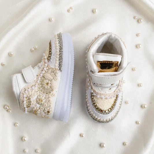 Ivory Bloom – Floral Lace Sneakers for Baby Girls | For Lehenga, Sharara, Gharara & Anarkali