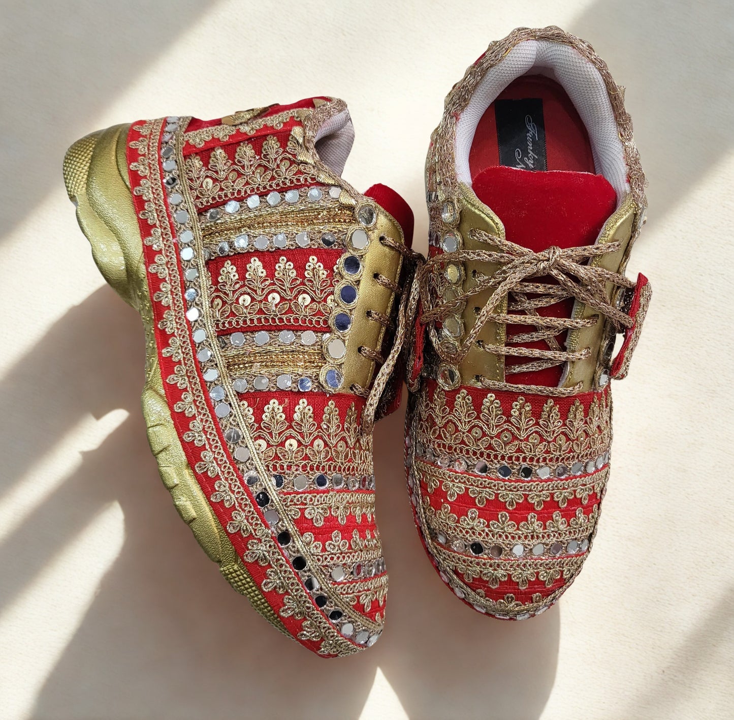 FUNKY N TRENDY red and gold bridal sneakers / bridesmaid sneakers/ golden sneakers / gold sneakers / red shoes / red bridal sneakers / embroidered shoes / embroidered sneakers