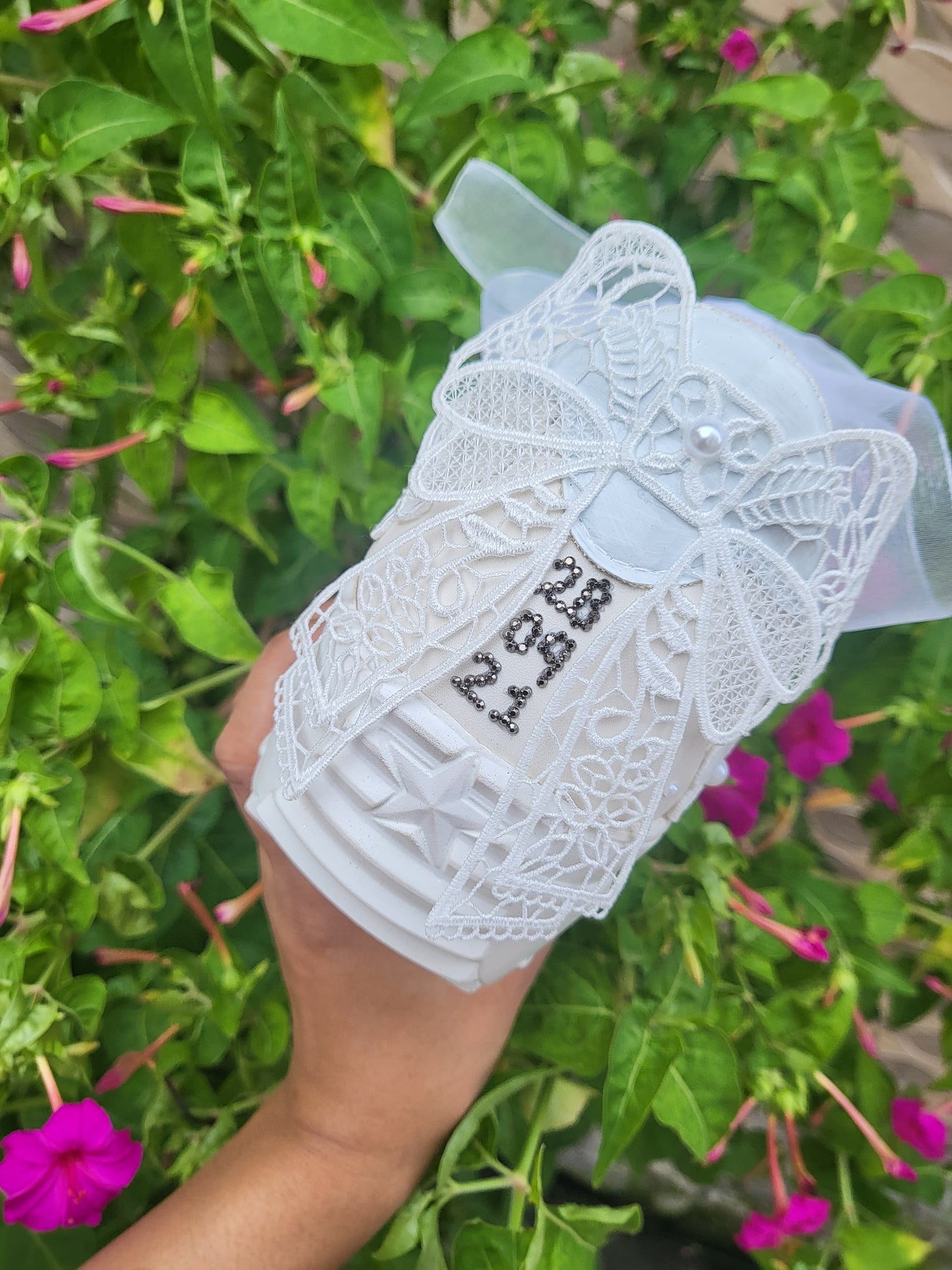 Funky N Trendy white thread work pearl work sneakers with floral detailing / bridal sneakers/ sneaker for bride / white sneakers/ pearl sneakers for bride/custom name initials / wedding date