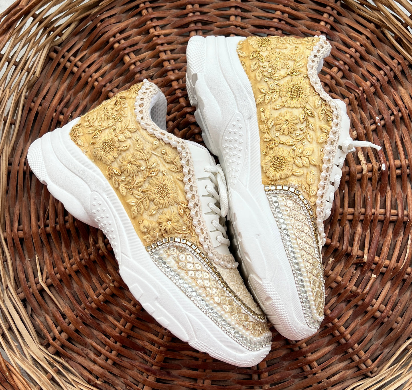 Funky N Trendy ivory / off white embroidery work bridal sneakers/ bridesmaid sneaker / hancrafted sneakers / gold sneakers / golden sneakers