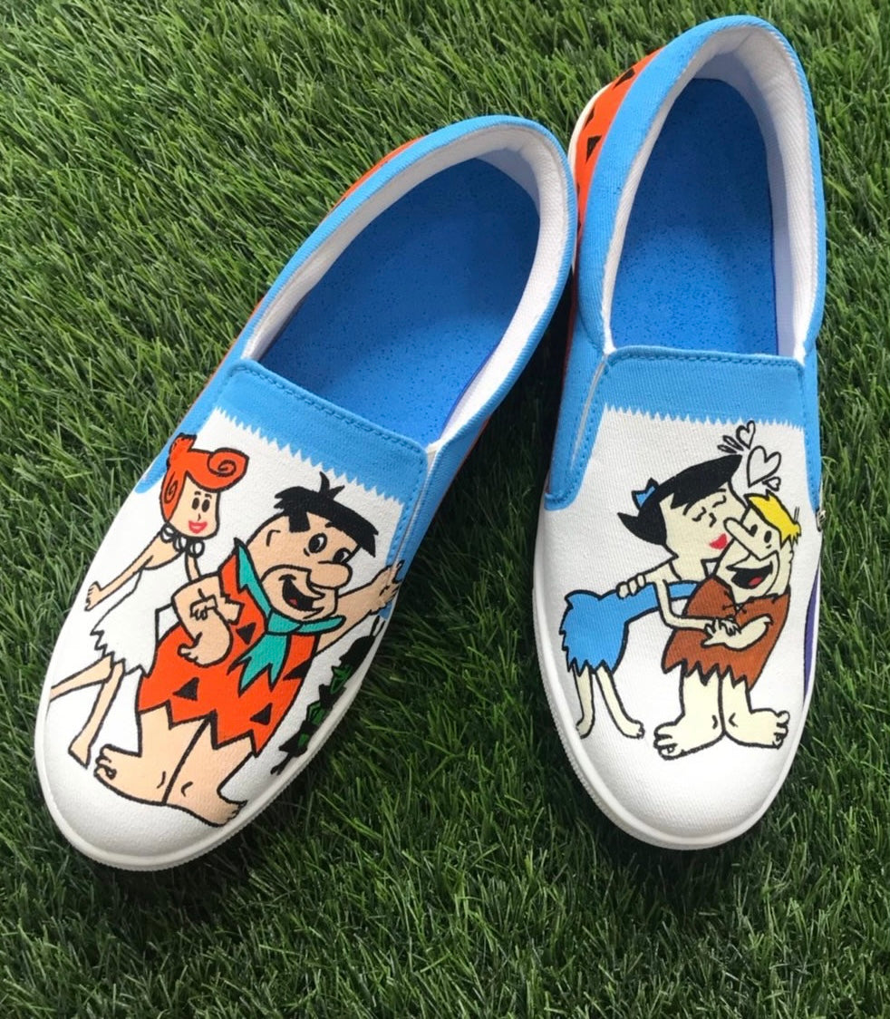 Funky N Trendy hand painted water resistant Flintstones theme white shoes/ white shoes / blue shoes / funky shoes
