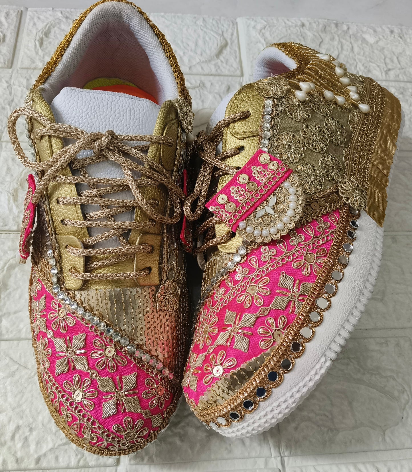 FUNKY N TRENDY hot pink sneakers with rhinestone detailing for brides /bridesmaids / sneakers for bridesmaids/ handcrafted sneakers/ sequine sneakers / bridal sneakers / bridesmaid sneakers/ pink sneakers / gold shoes/ rani pink sneakers