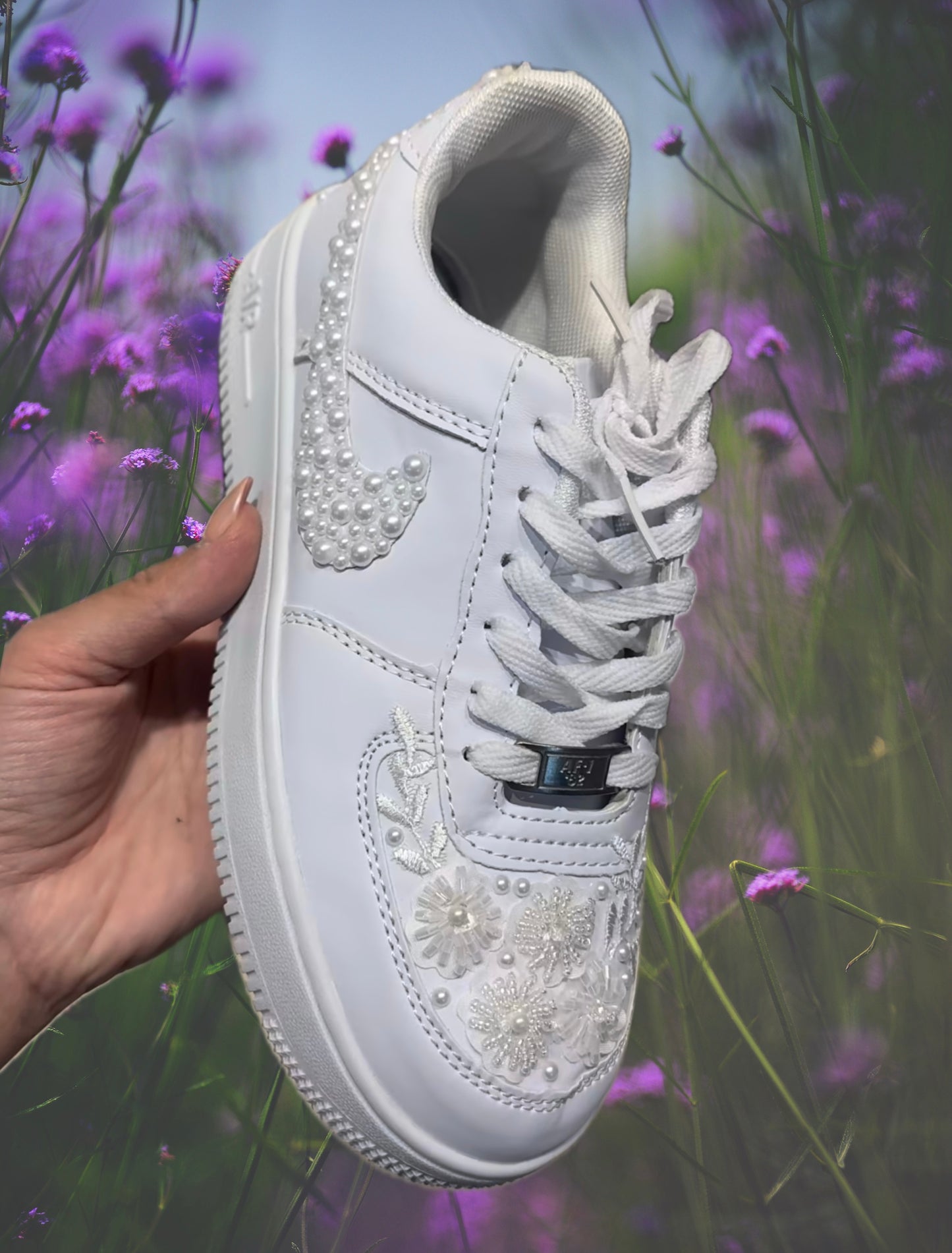 Funky N Trendy white pearl work sneakers with floral detailing / bridal sneakers/ sneaker for bride / white sneakers/ pearl sneakers for bride/ name initials/ wedding date is customizable