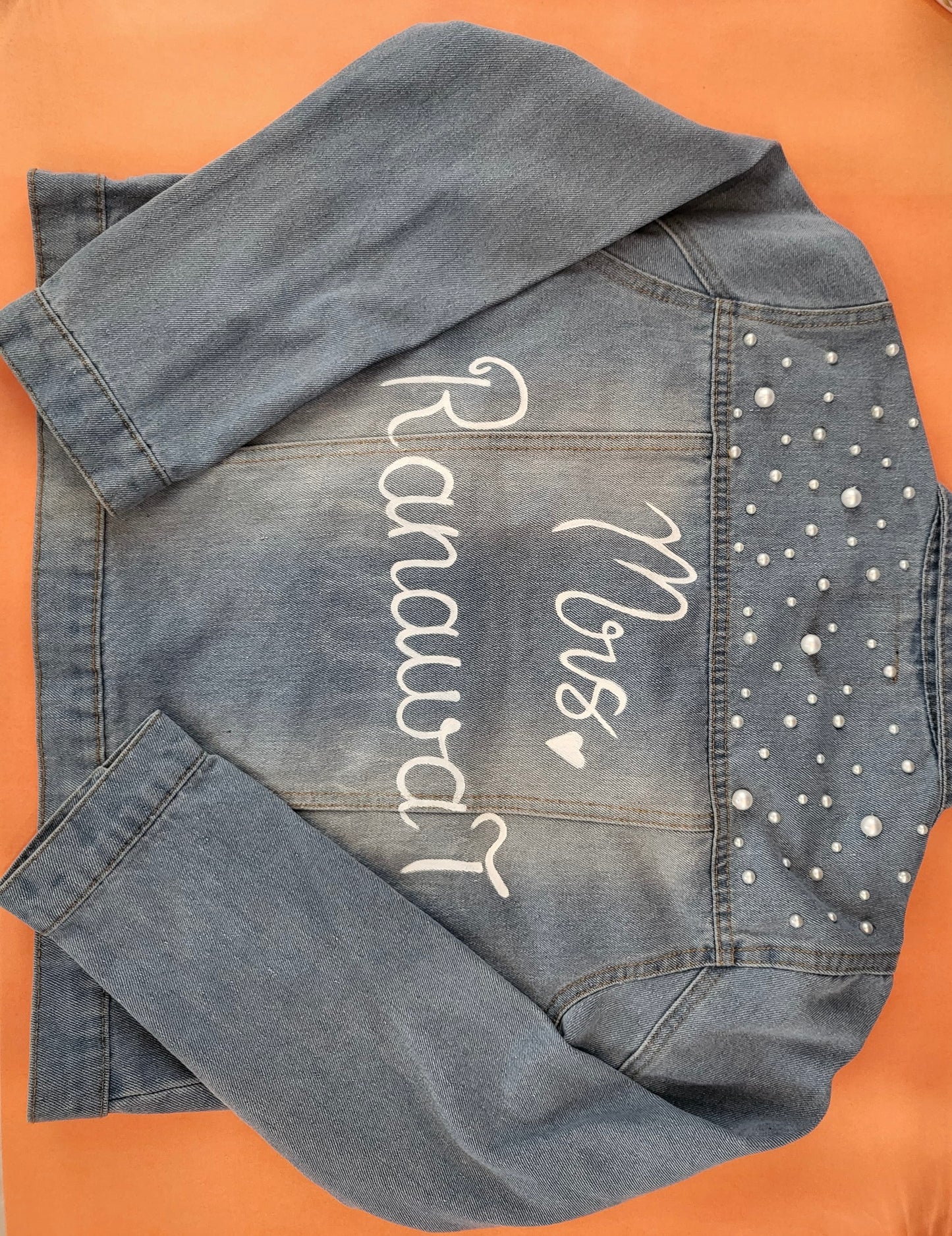 Funky N Trendy customized surname theme denim jacket for bride / bridesmaid etc with pearls detailing