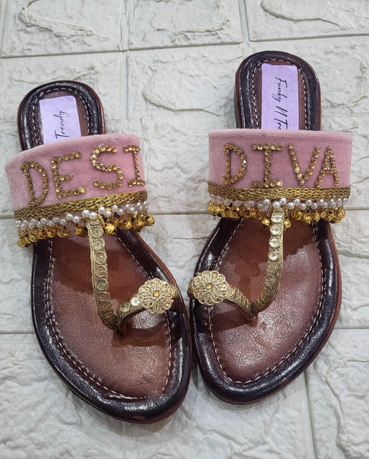 FUNKY N TRENDY hand crafted wedding theme pink kolhapuri for bride / handcrafted flats / quirky flats/ Desi Diva kolhpauri / customised flats / pink flats / haldi theme kolhapuri