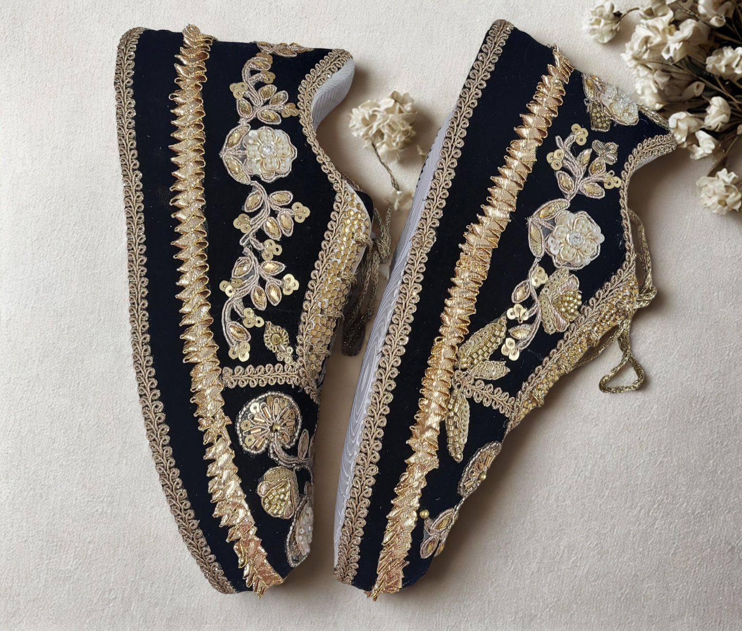 Funky N Trendy handcrafted hand embroidered cutdana work bridal sneakers/ bridesmaid sneaker / black sneakers /black boho sneakers/ black shoes/ unisex shoes / men shoes / women shoes