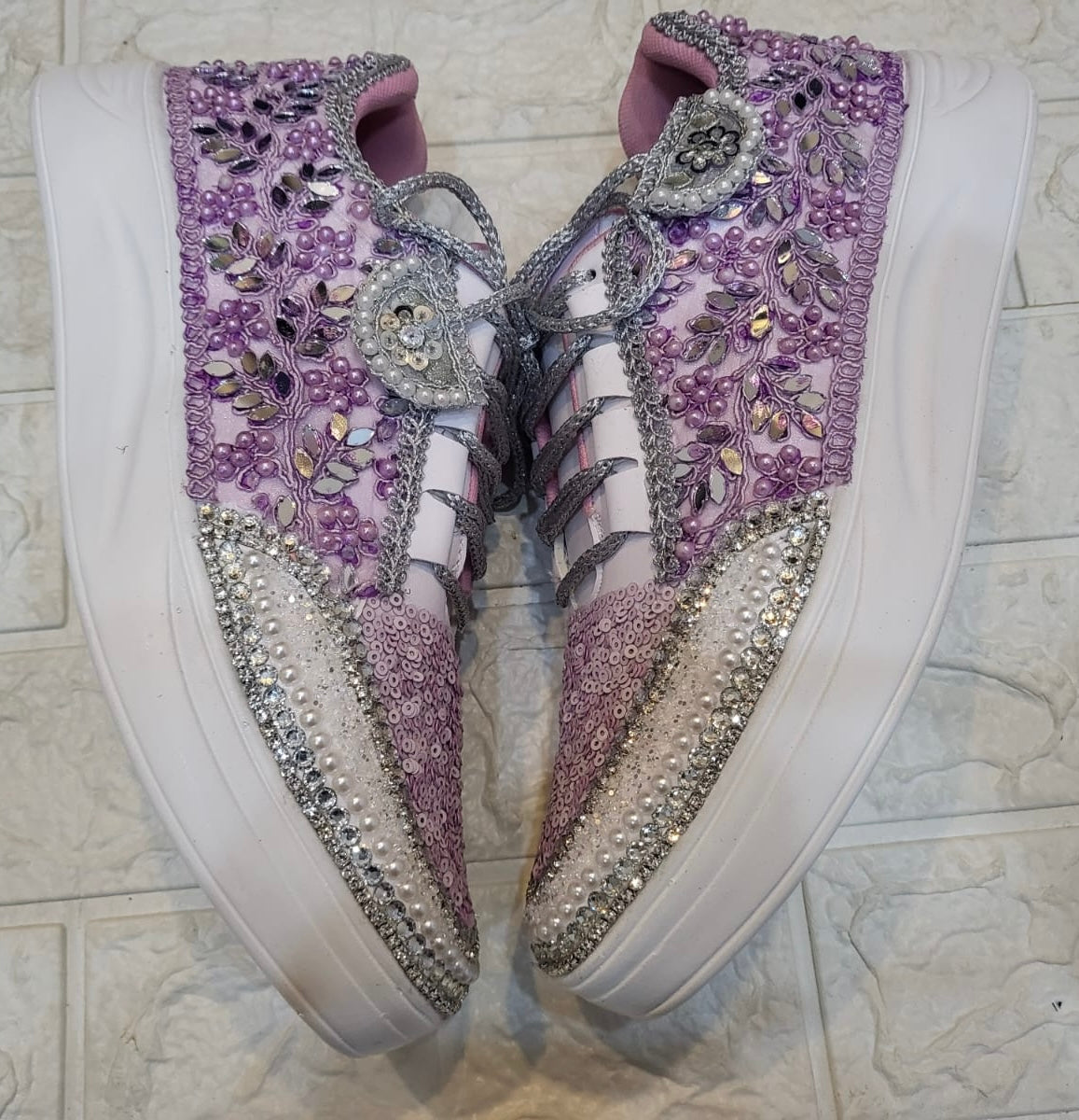 Funky N Trendy purple / lilac/ lavender embroidery work bridal sneakers/ bridesmaid sneaker / hancrafted sneakers / purple sneakers / white sneakers