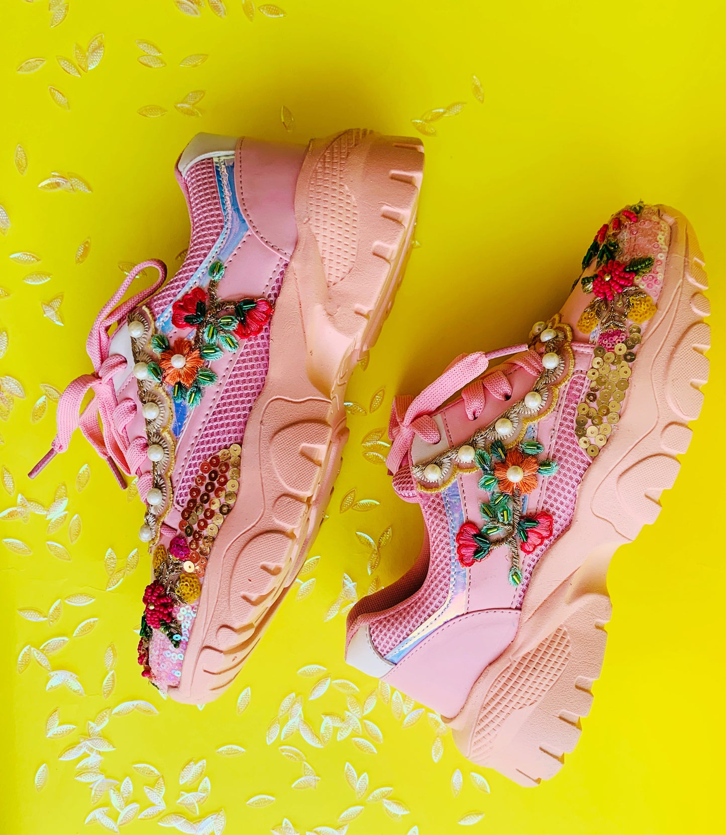 Funky N Trendy Pink sequine and floral work with beads detailing bridal sneakers/ bridesmaid sneaker / pink sneakers/ hot pink sneakers / pink shoes for bride/ rani pink sneakers