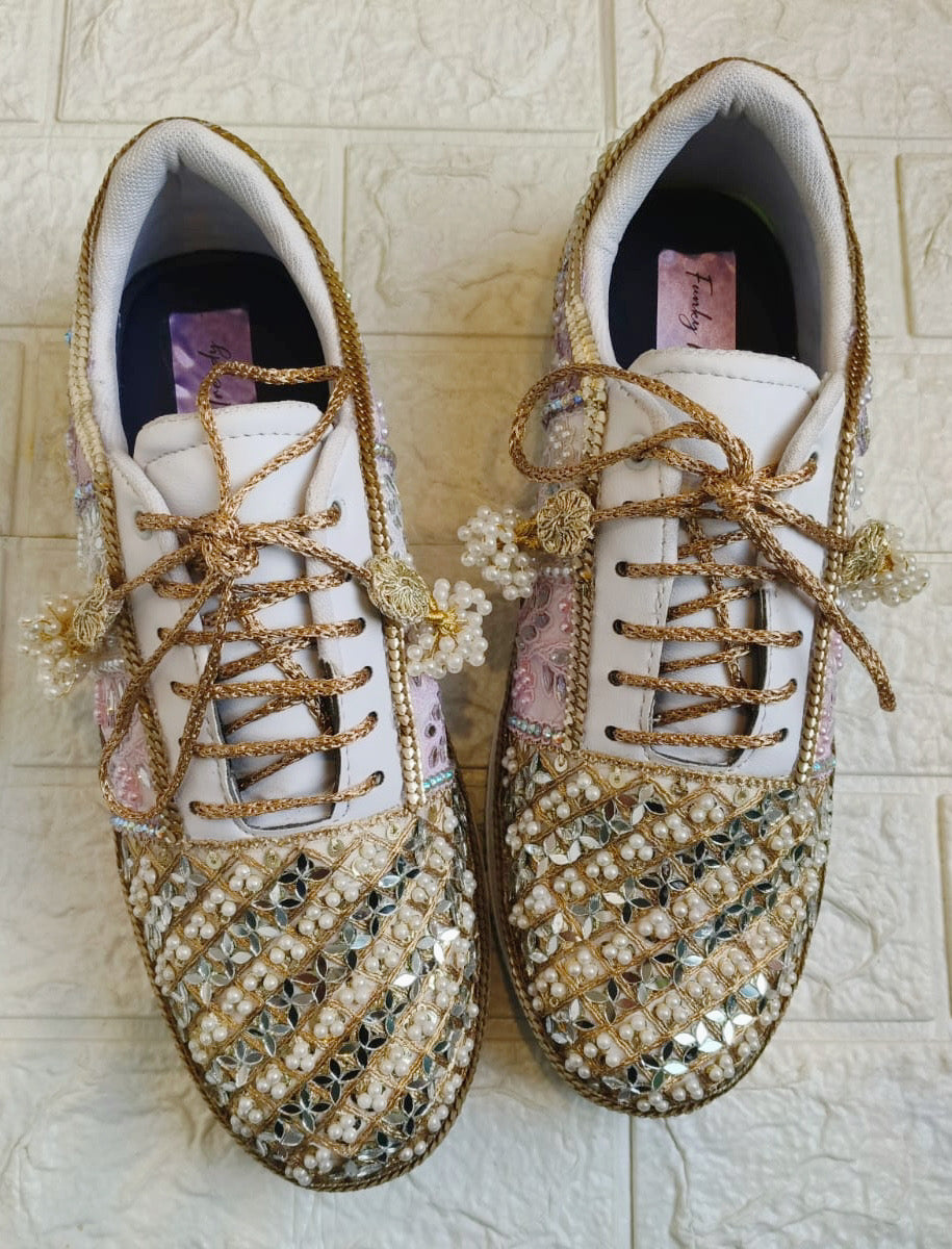 FUNKY N TRENDY pink purple and gold sneakers for brides / bridesmaids/ pink sneakers / baby pink sneakers / bridal sneakers / bridesmaid sneakers/ golden hand work sneakers/ pink shoes with custom name initials