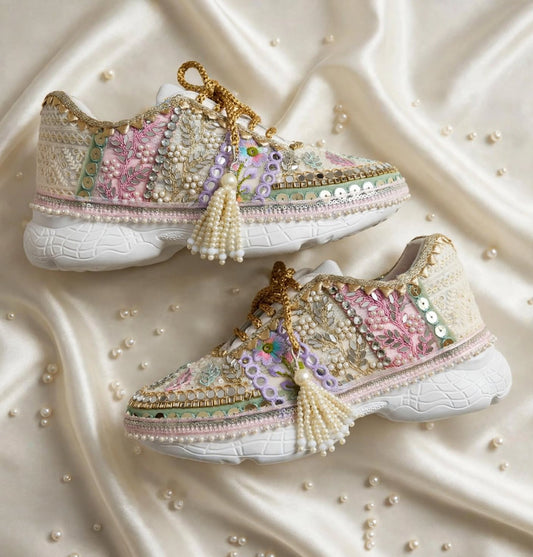 FUNKY N TRENDY hand crafted pastel bridal sneakers / gold sneakers / pastel sneakers / embroidery sneakers / sneakers for bride